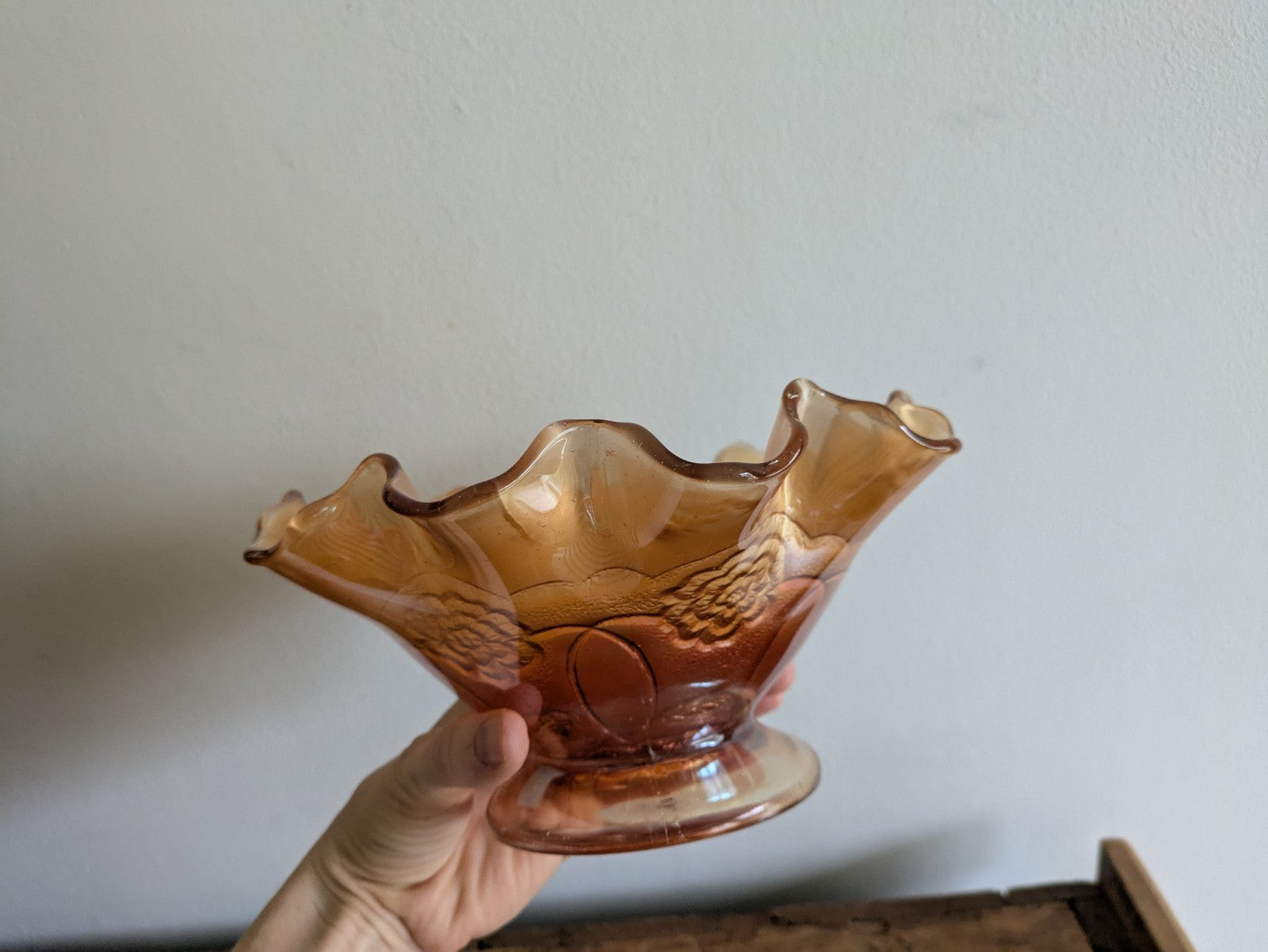Carnival Glass Bowl Dugan Double Stem Rose Marigold/Peach Opal Iridescent C1917