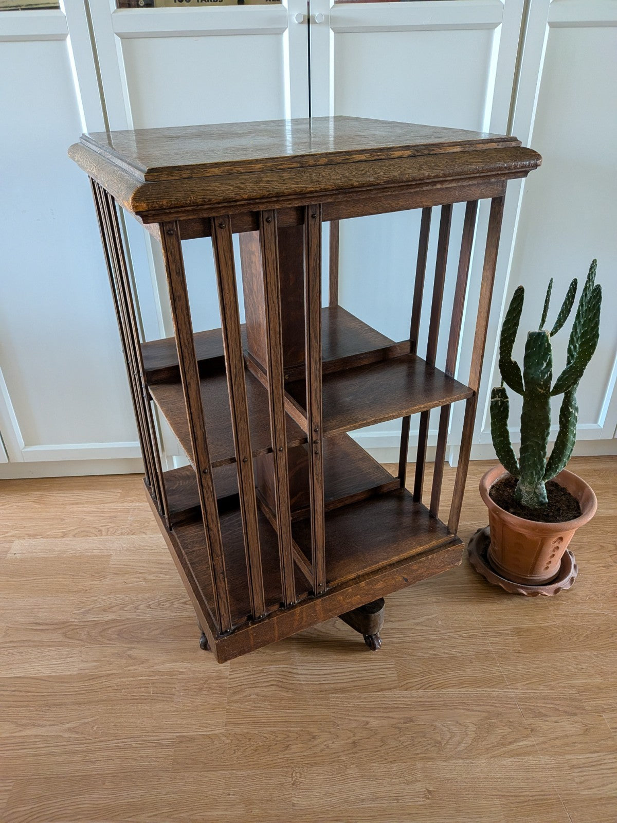 Antique Edwardian English Oak Revolving Bookcase Rare Vintage Shelves Spinning 