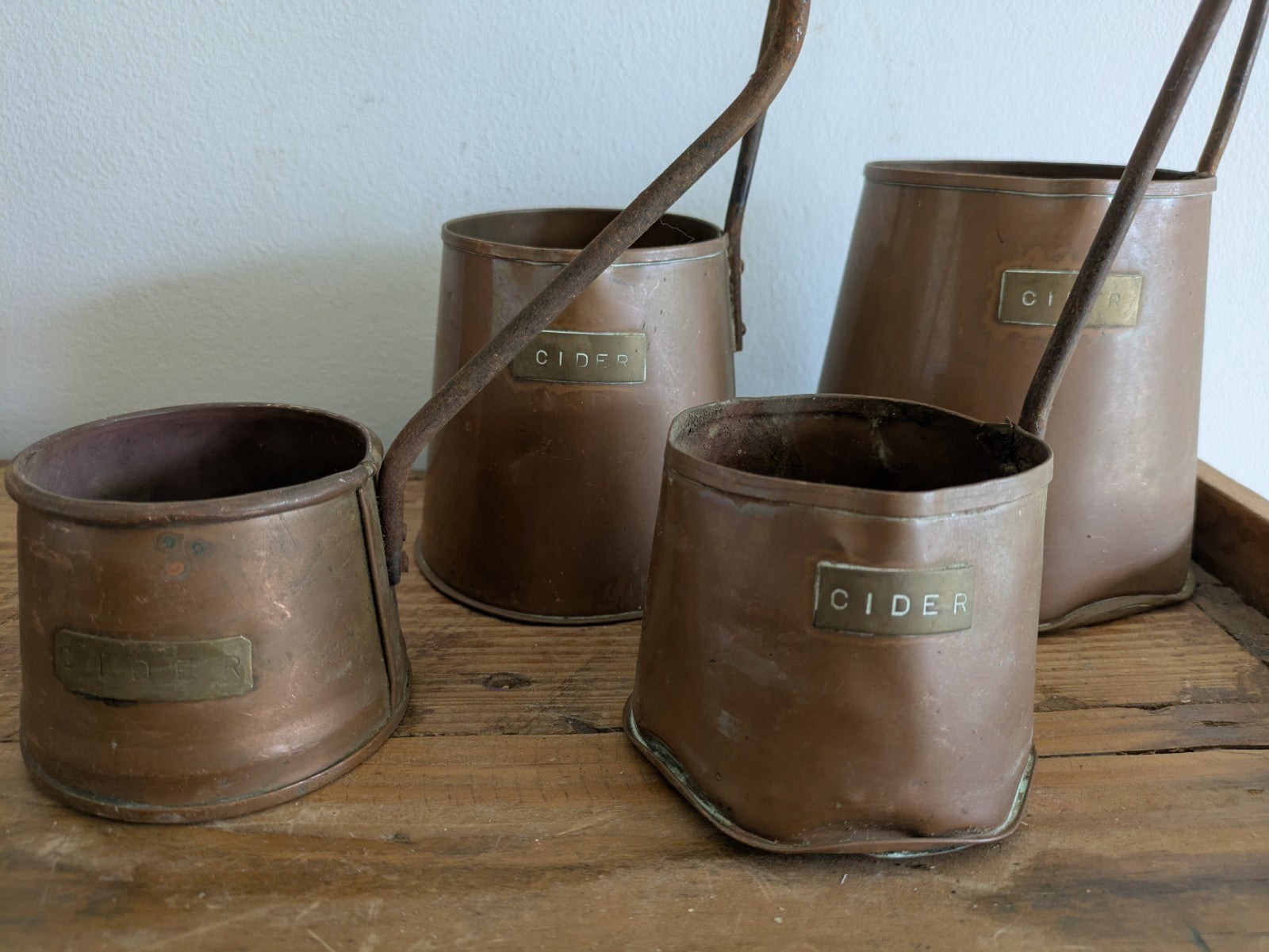 Antique Set of 4 Copper Cider Measures Long Iron Handled Ladles Jugs Cups Vintag