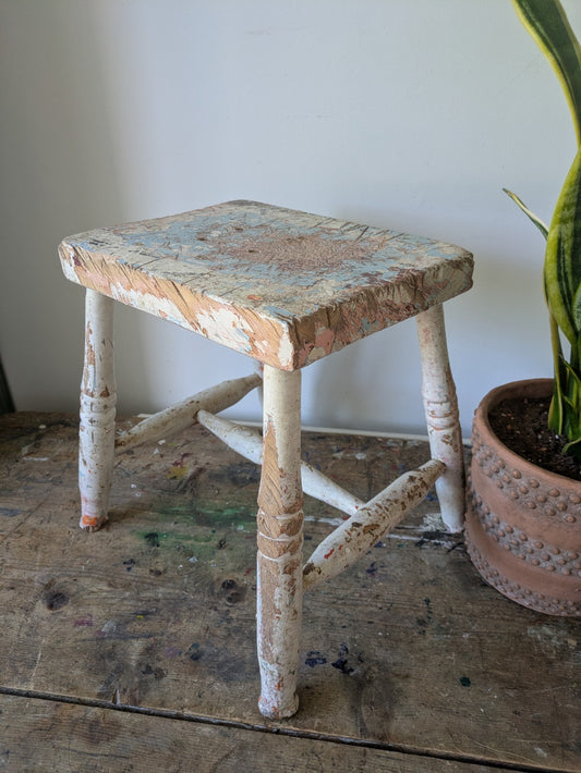 Victorian Antique Foot Stool Chippy Paint original seat chair Vtg Milking Step