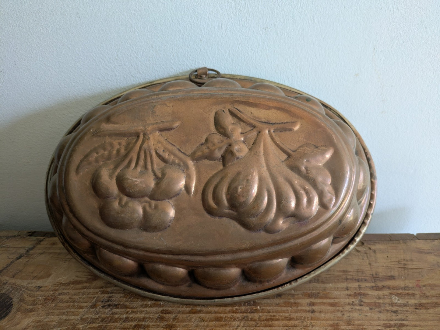 Antique Copper Food Mold Hanging Fruit Motif with Hook Fig Cherry VTG Oval Large