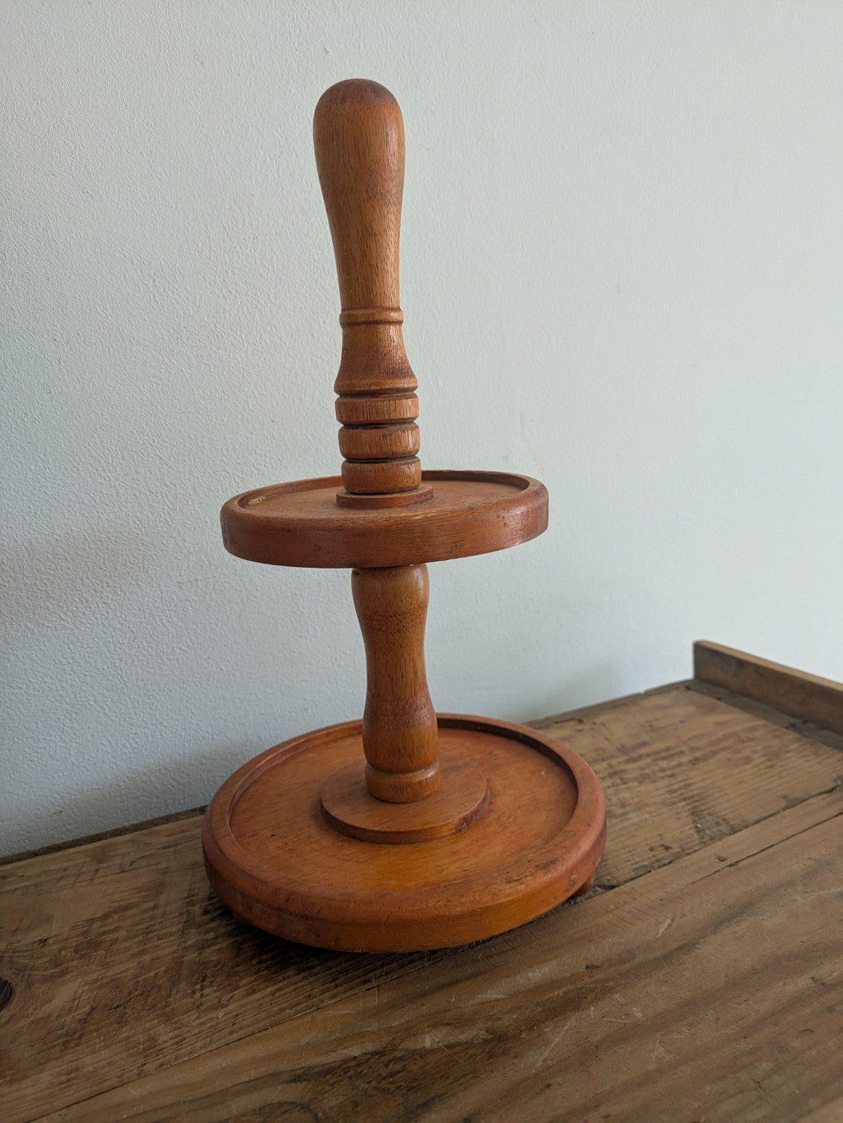 Vintage Antique Wood Two Tier Serving Tray Platter Display Stand Round Holder