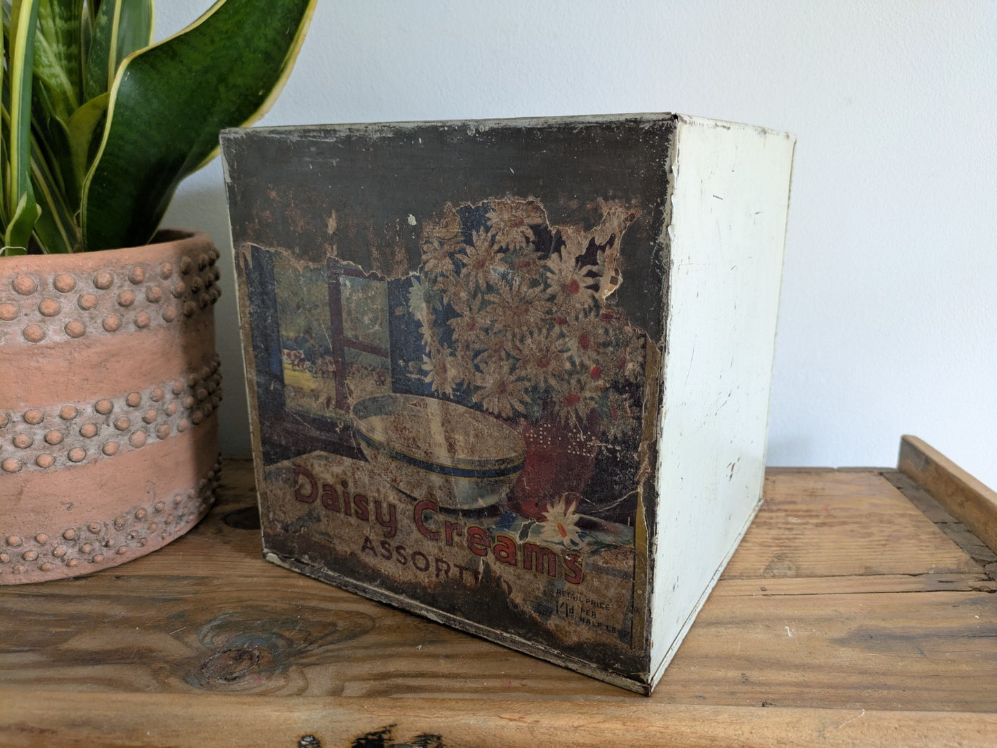 Old M&D Antique Biscuit Tin Box Metal Original Label Advertising Shop Display 