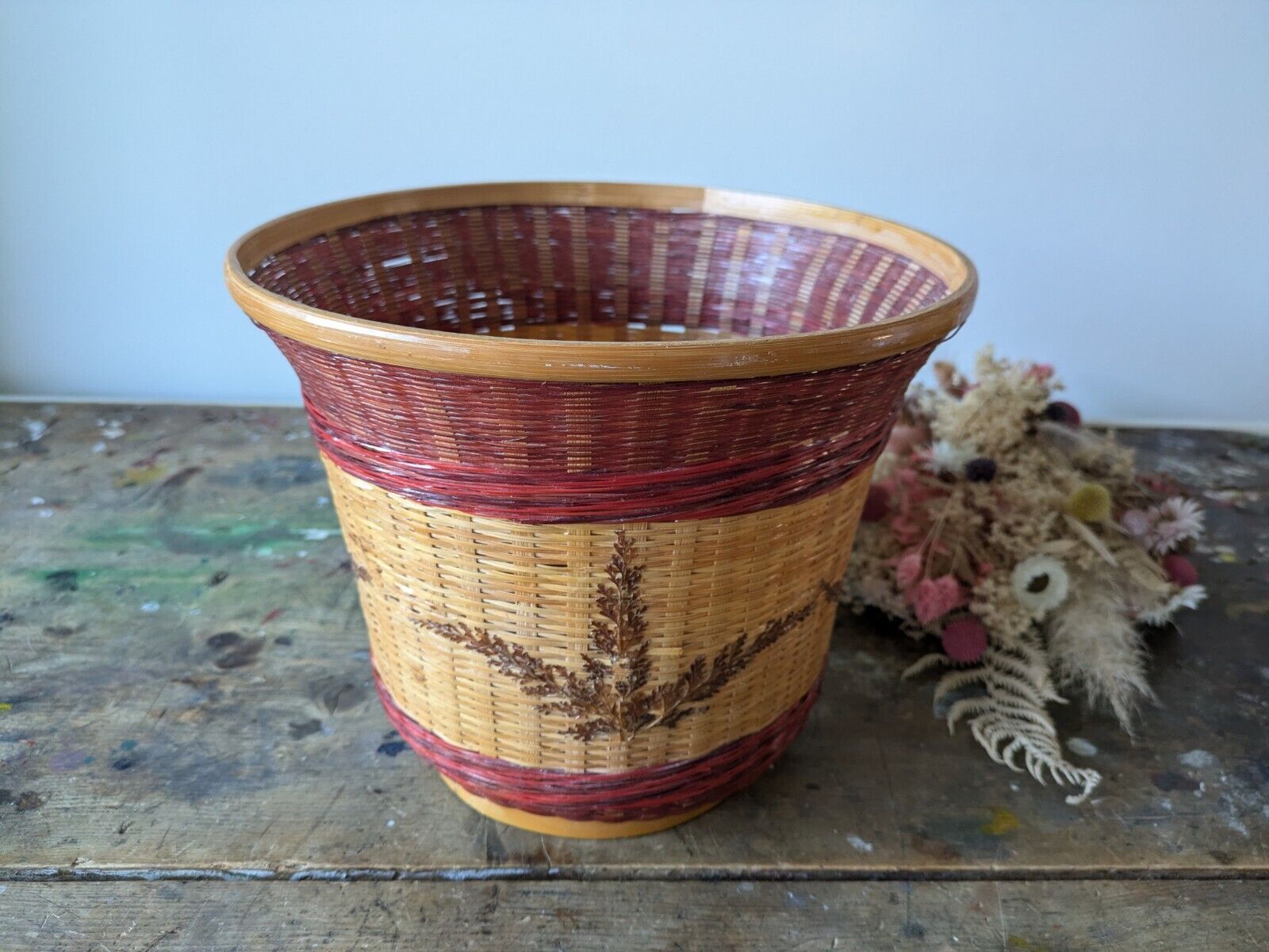 Red Cane Round Wicker Waste Paper Basket Woven Leaves Storage Vintage Bin Retro