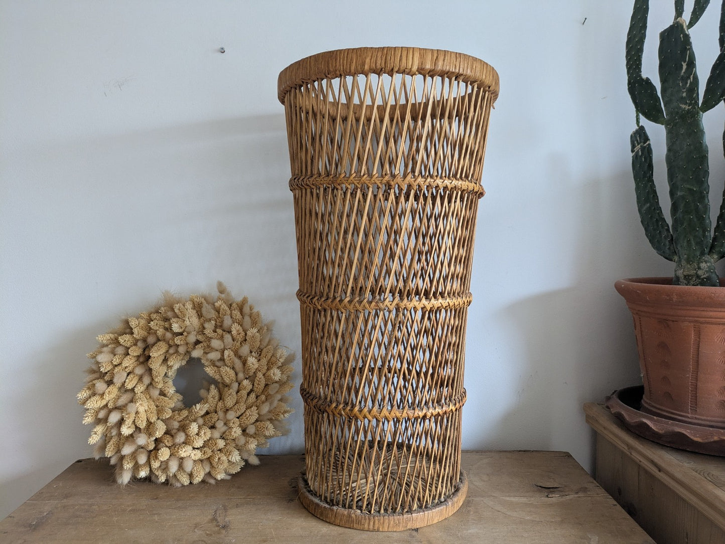 Vintage Tall Woven Wicker Rattan Boho Umbrella Cane Storage Basket Stand MCM Old