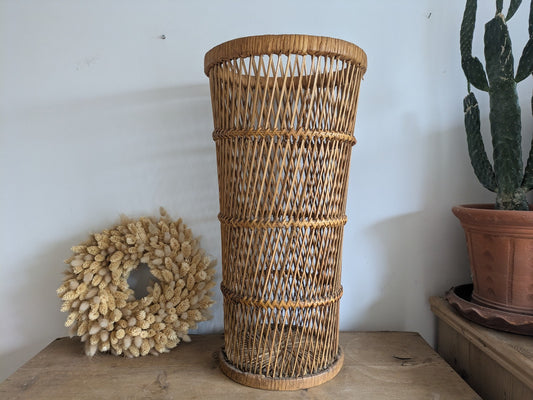 Vintage Tall Woven Wicker Rattan Boho Umbrella Cane Storage Basket Stand MCM Old