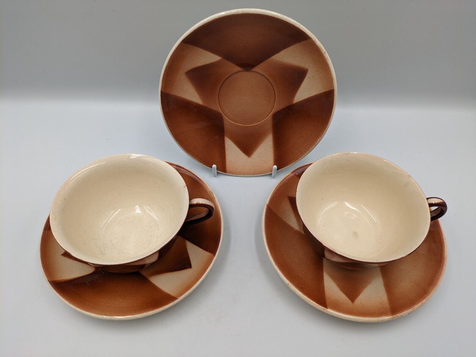 2x 1920s West German Waku Feuerfest Keramik Coffee Cups Saucers Art Deco Antique