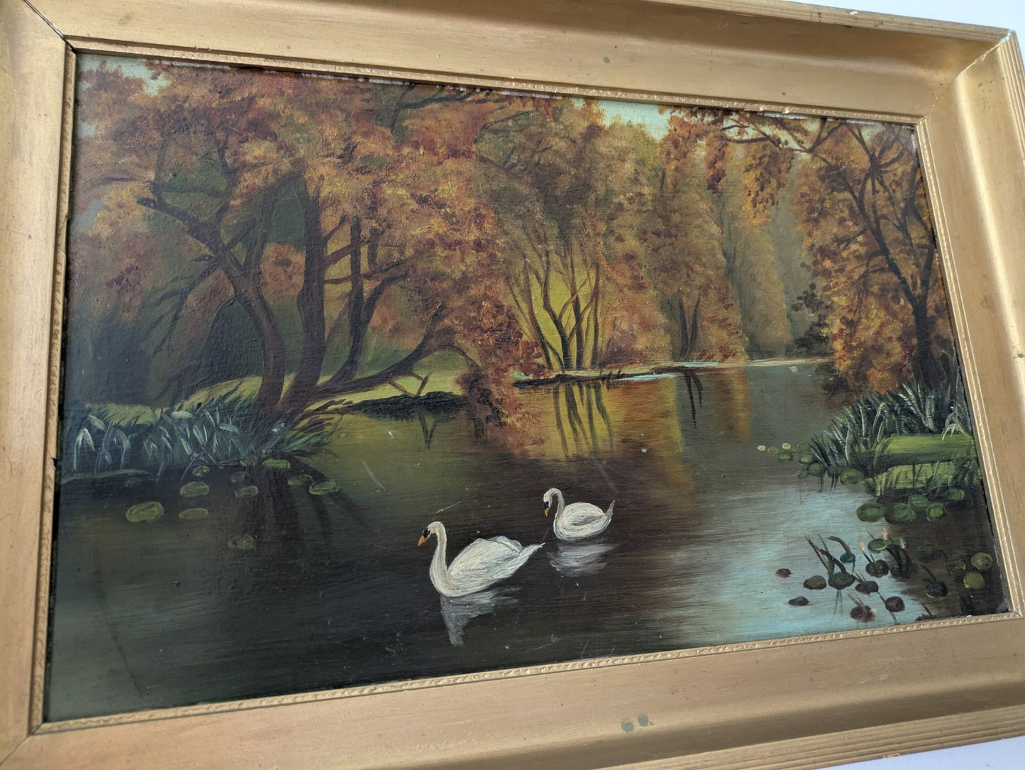 Antique Oil Painting Riverscape Swans Lily Pads 19th Century Vintage Kitsch Art
