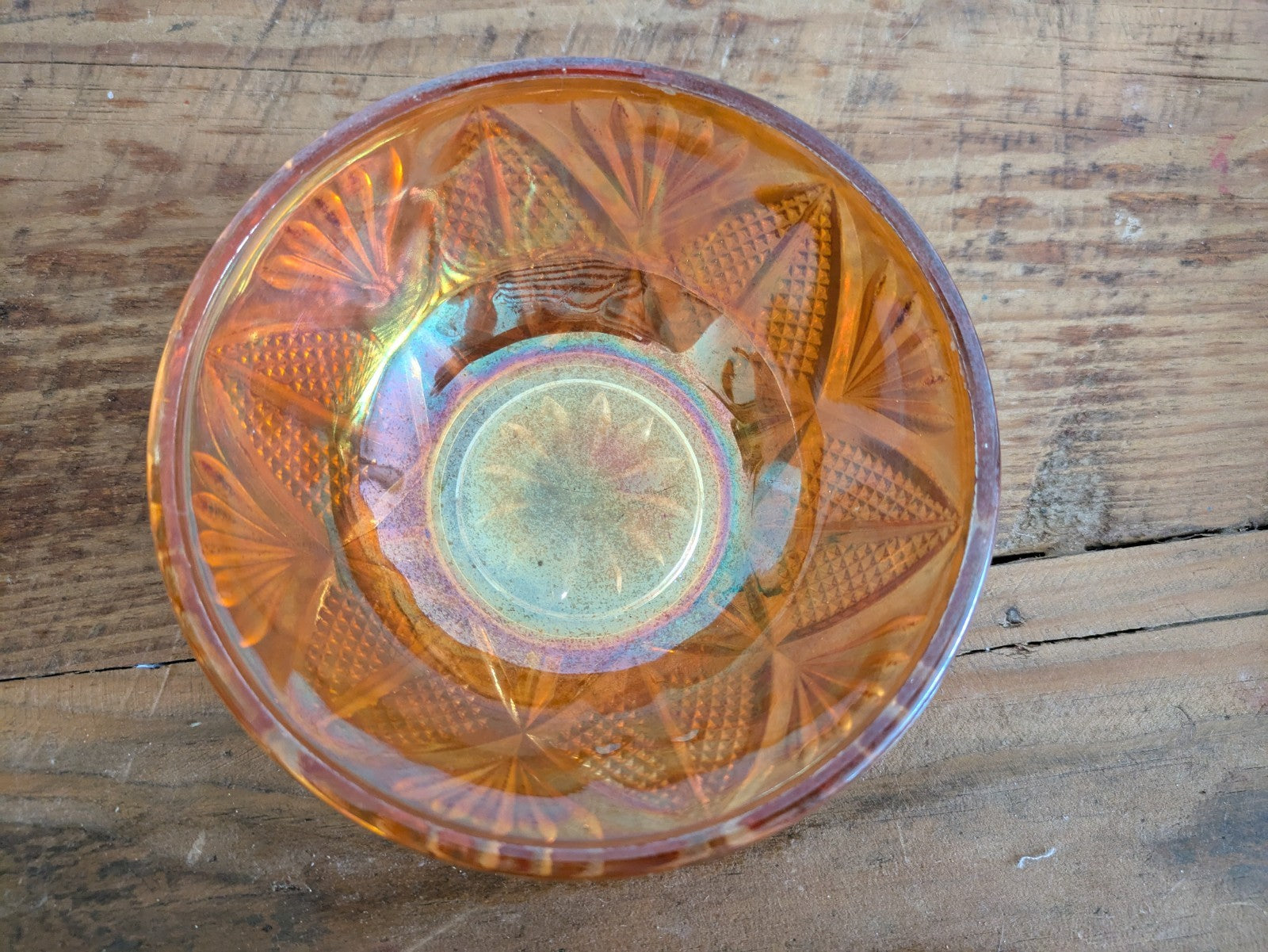 Small Fenton Marigold Carnival Glass Bowl Diamond And Fans Vintage Iridescent 