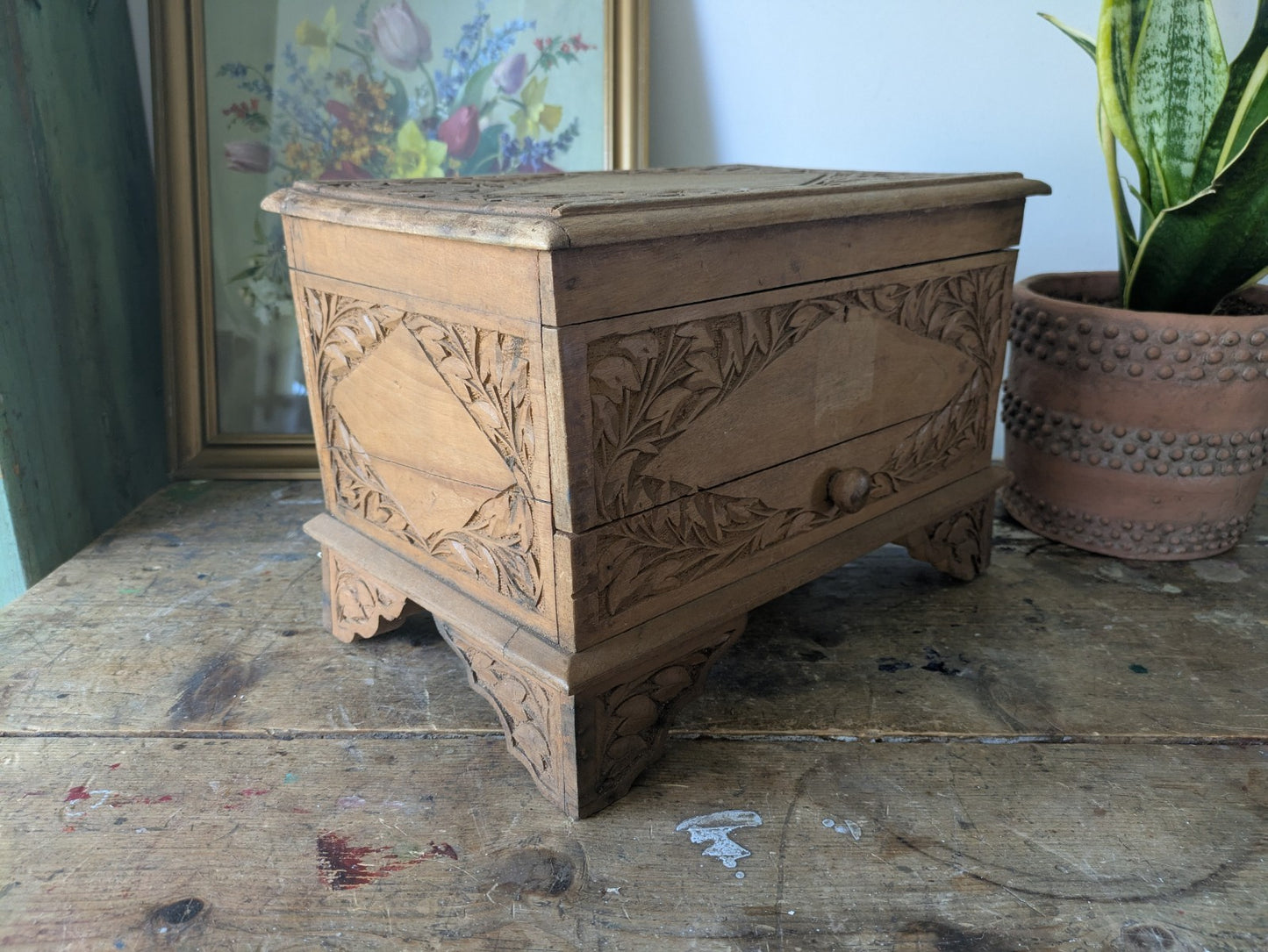 Vintage Hand Carved Indian Wooden Storage Cabinet Chest Trunk Mango Wood Box Sml
