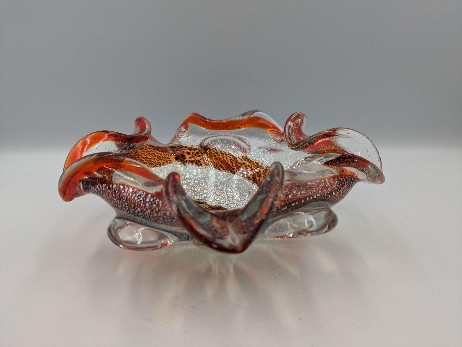 Vintage Retro Murano Art Glass Bowl Red Spiral Gold Dust Aventurine Dish Display