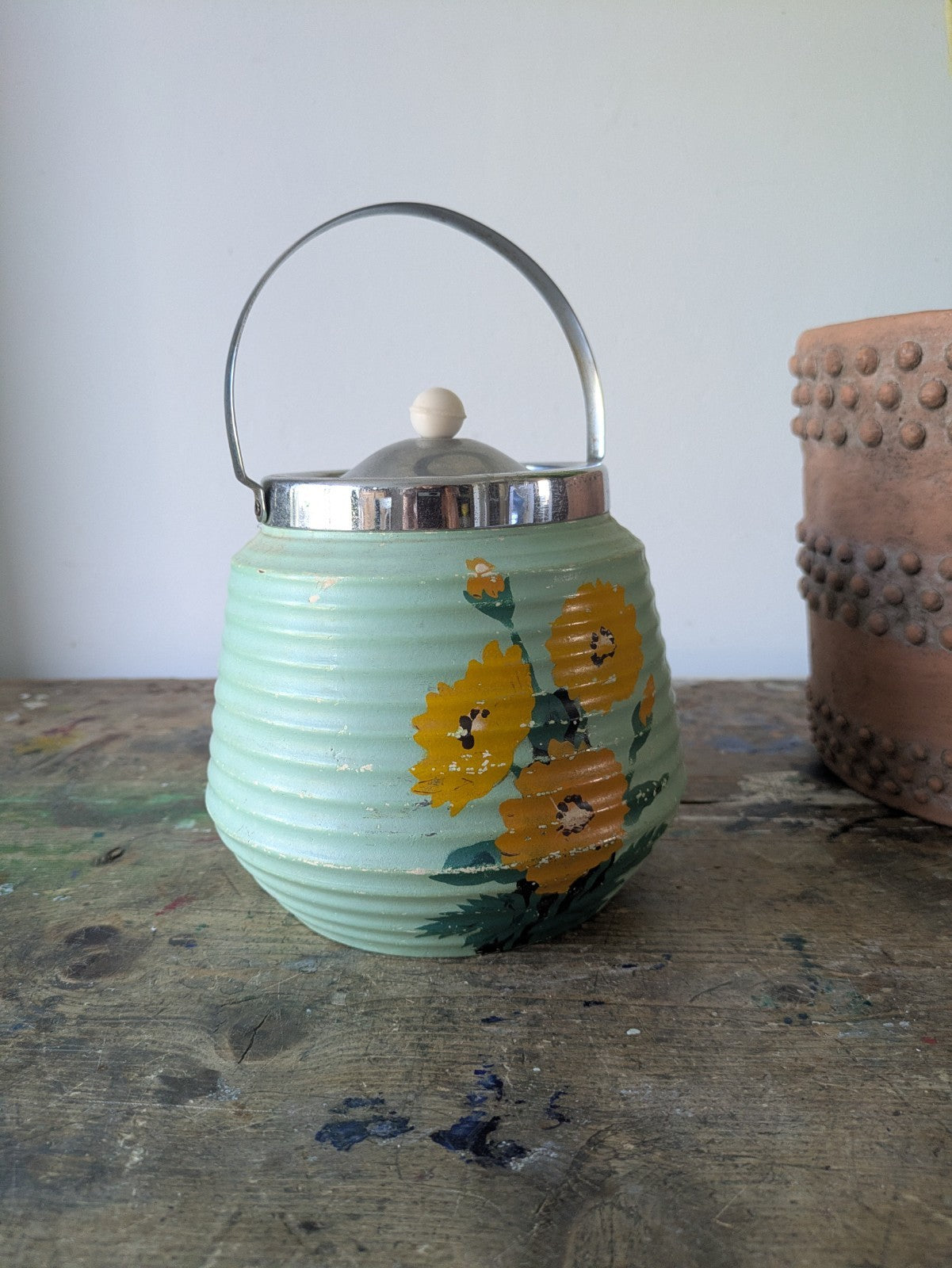 Vintage 1940s Brentleigh Ware Bramley Pottery Biscuit Barrel Chrome Lid Handle