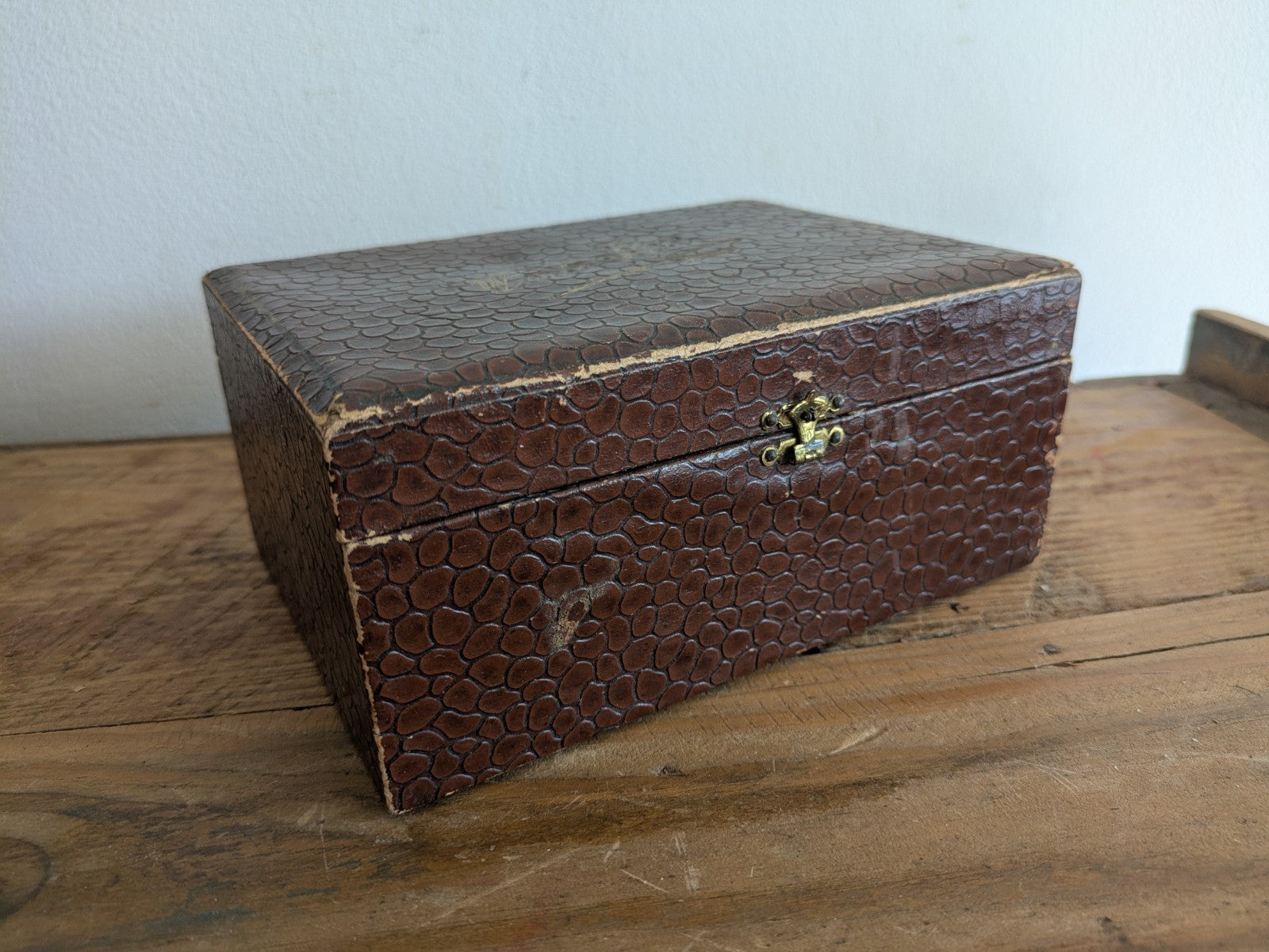 Antique Faux Crocodile Brown Leather Child’s Sewing Box with Contents Workbox 