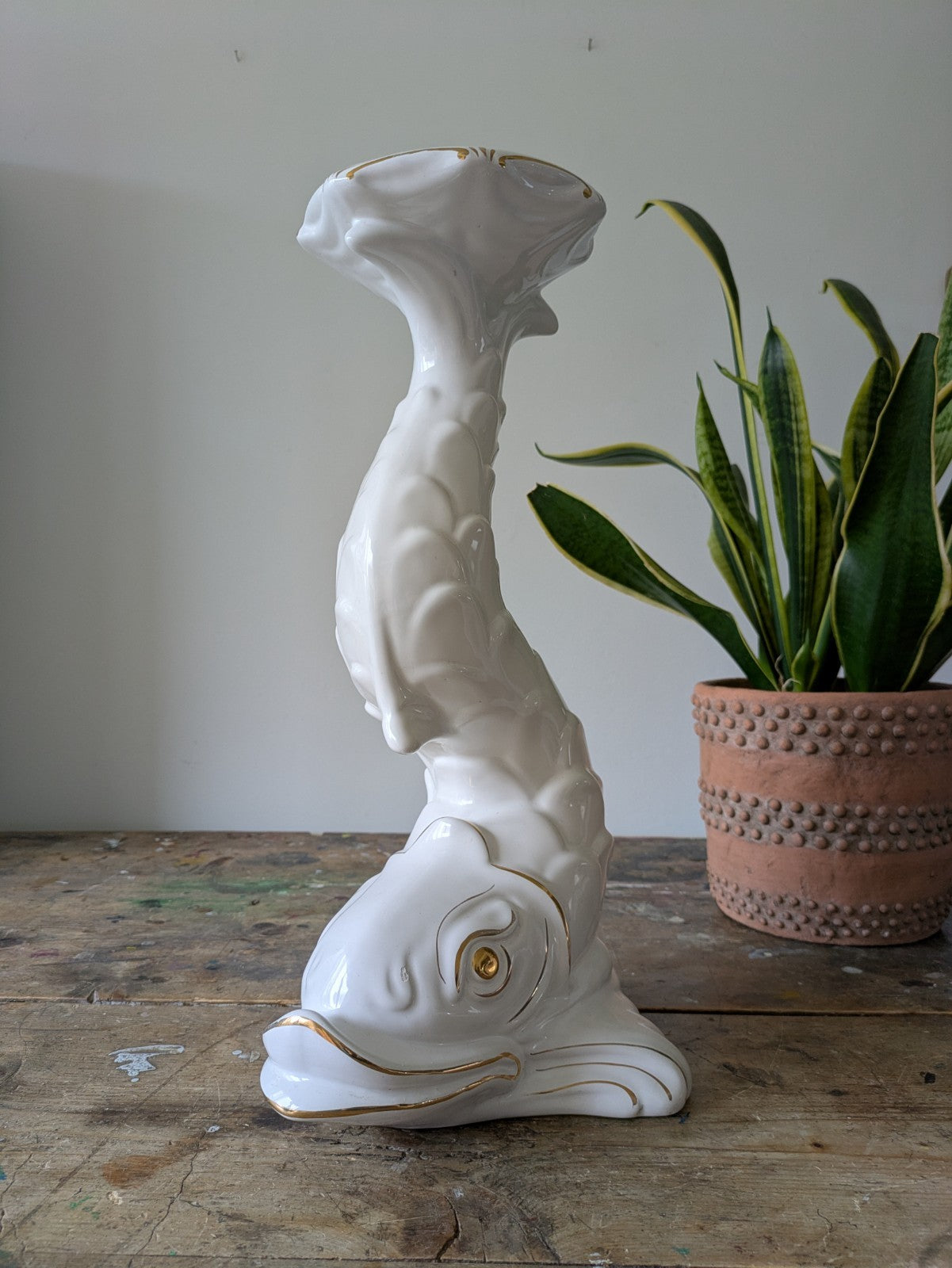 XL DOLPHIN CERAMIC CAPODIMONTE ITALIAN WHITE MID CENTURY VTG PLANT STAND TABLE