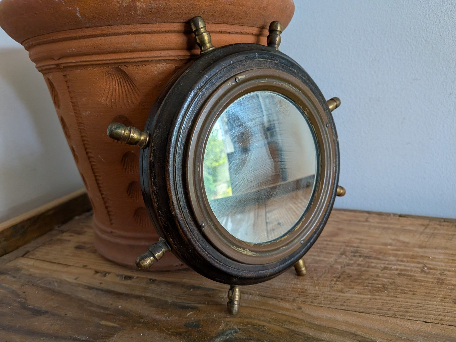 Antique Porthole Maritime Mirror Solid Oak Small Ships Wheel Nautical 1920s Vtg!