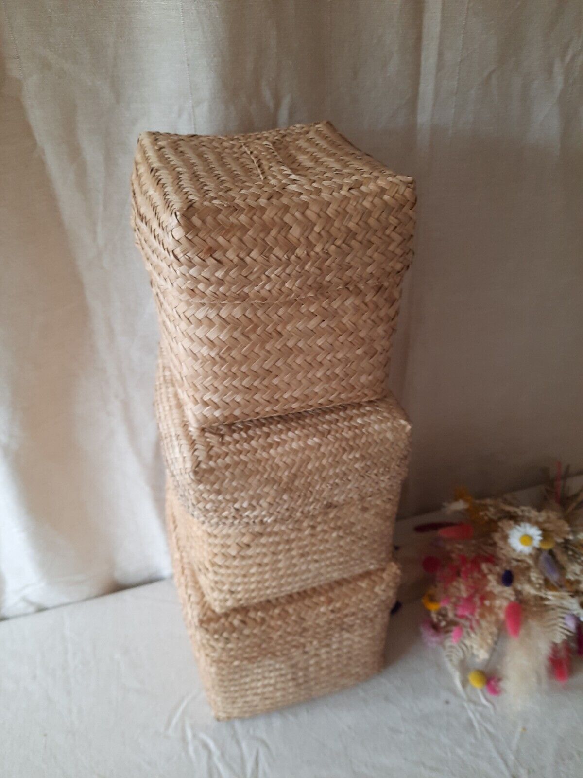 Set Of 3 Wicker Cane Woven Nested Storage Baskets Boxes Stacking graduated squar