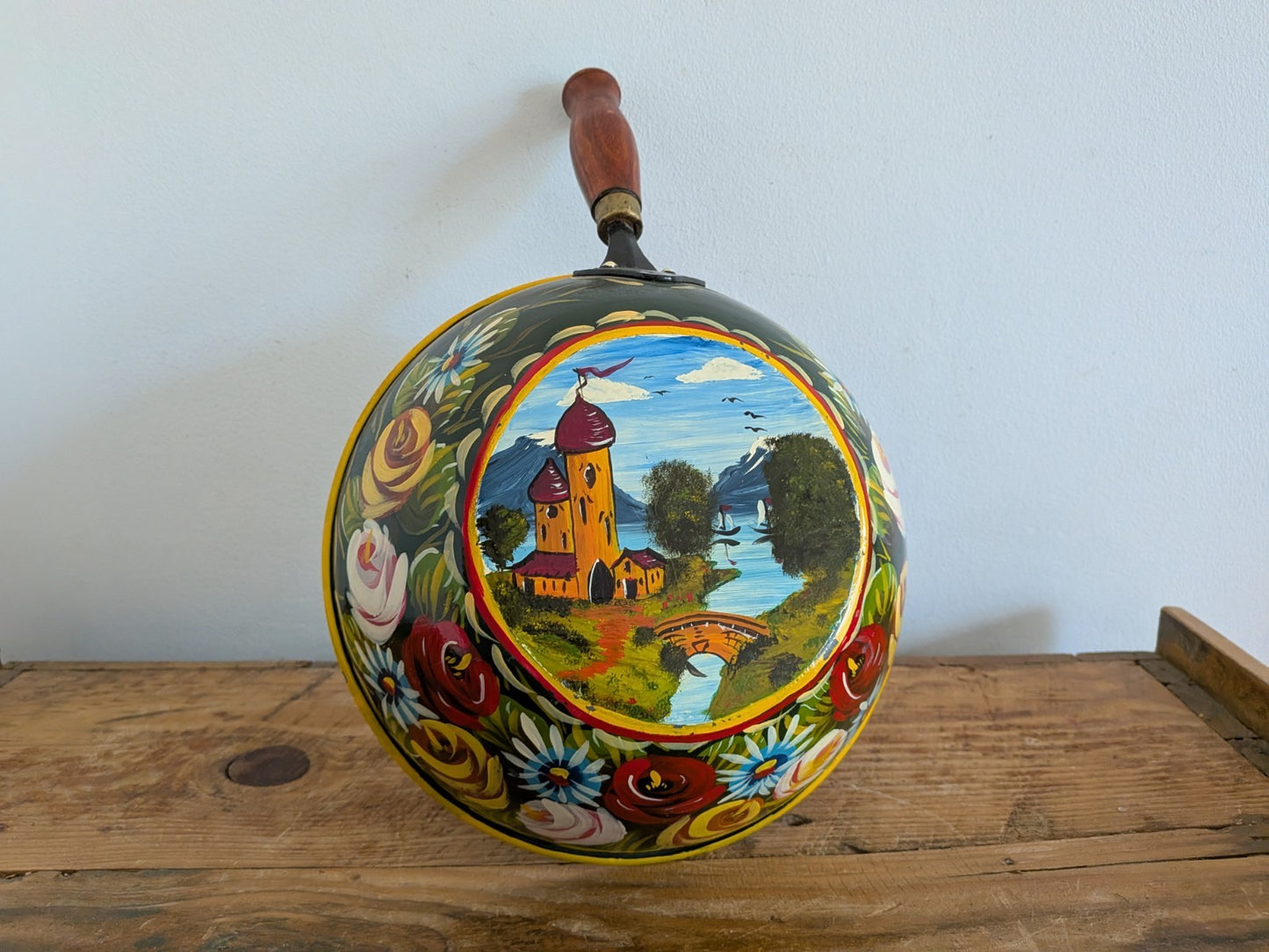 Vintage Floral Handpainted Bargeware Frying Pan Canal Boat Accessory Folk Art 