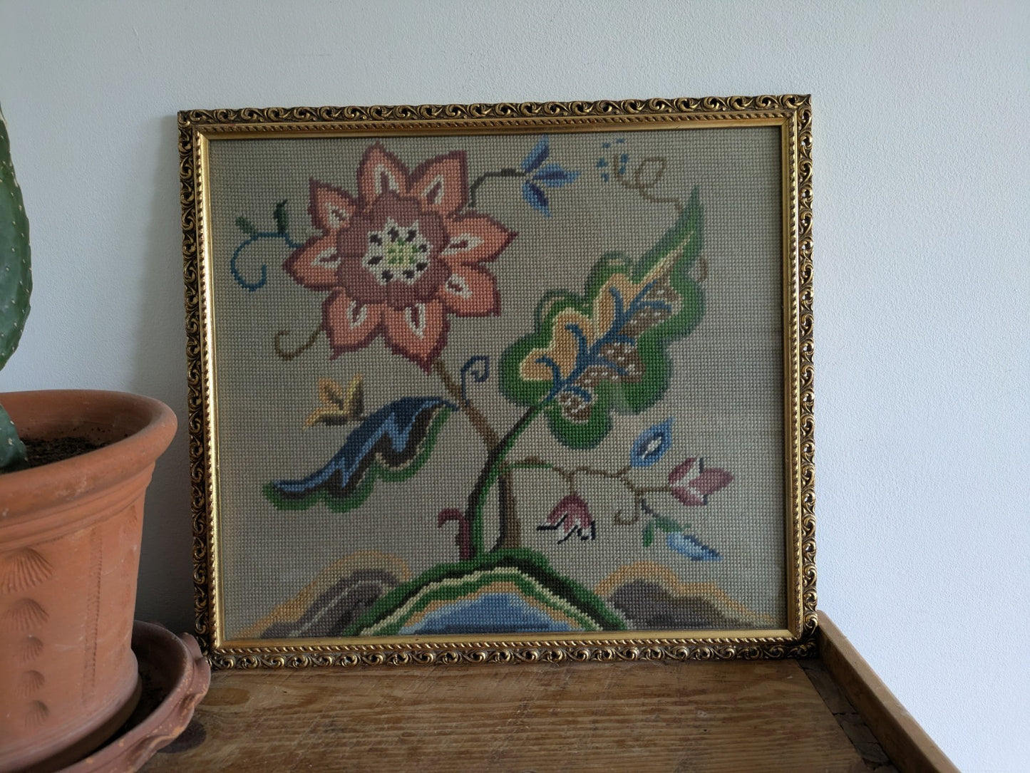 Vintage 1960s Floral Tapestry Embroidery Cross Stitch Picture Framed Tree Life