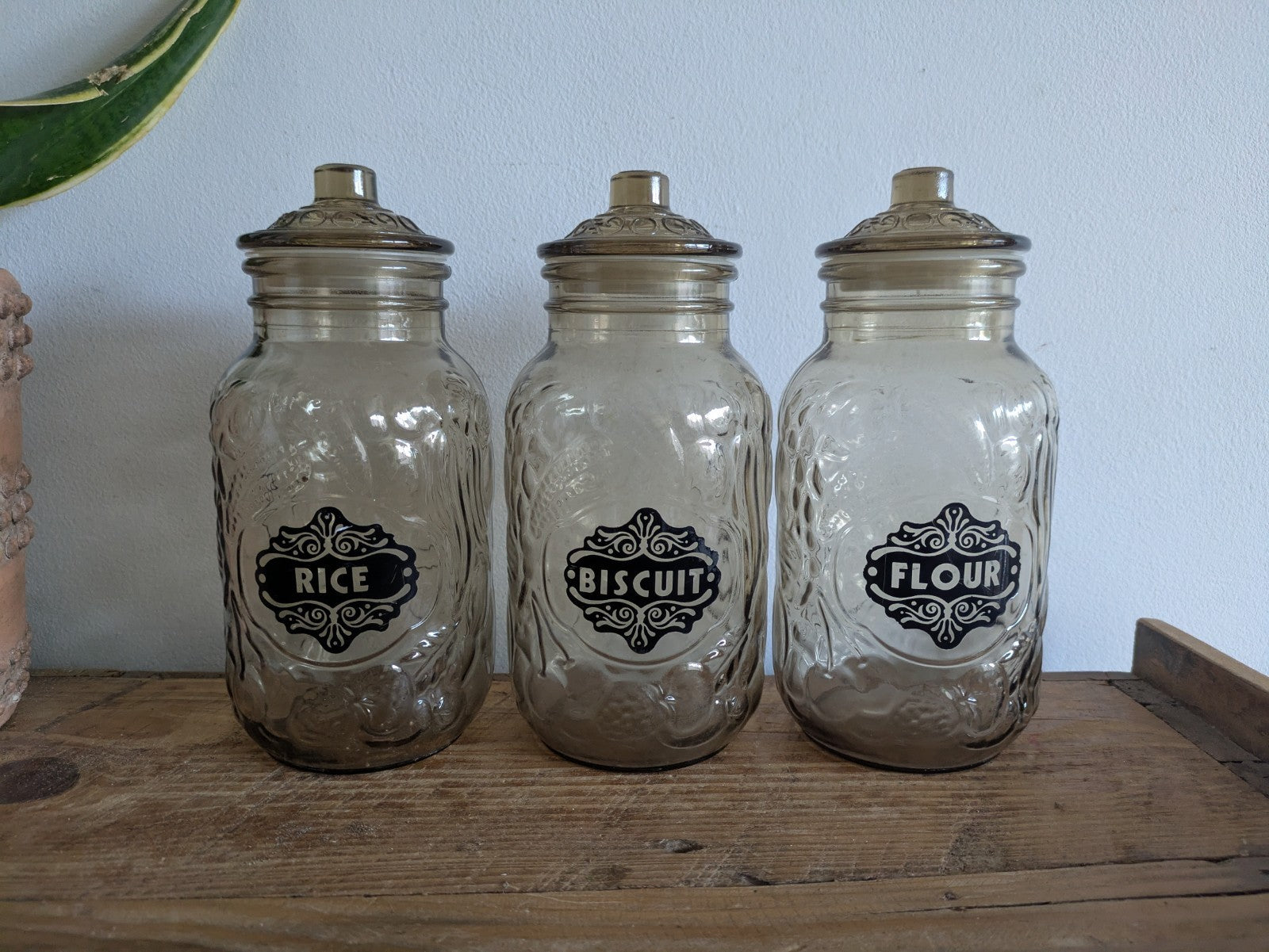 Trio of Vintage Italy Glass Jars Fruit Pattern Smoked Stick On Labels Cannister