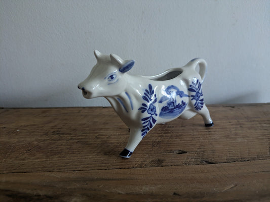 Delft Holland Hand Painted  Flowers Ceramic Cow Creamer Milk Jug 16 cm long Vtg