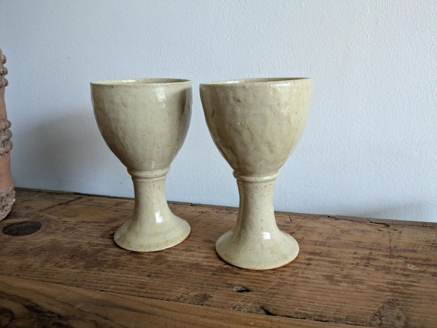2x Vintage England Speckled Pottery Goblet Cup Mid Century Pair Set Wine Vessels