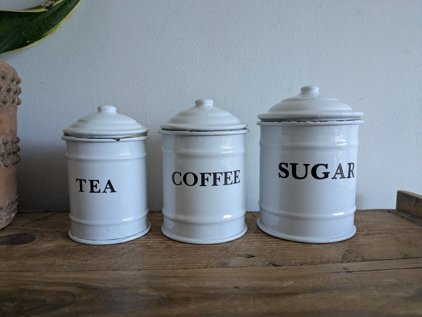 Vintage White Enamel Canisters Set Metal Tins Jars Antique Vgc Shabby Chic Clean