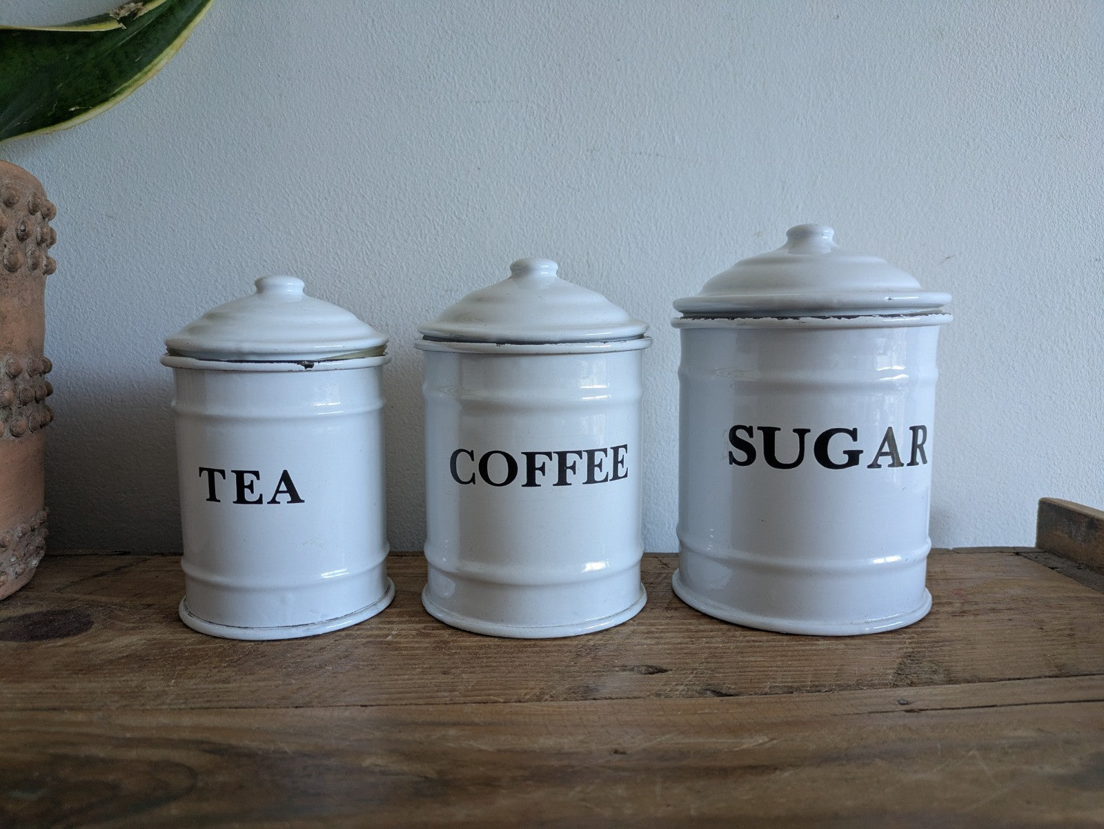 Vintage White Enamel Canisters Set Metal Tins Jars Antique Vgc Shabby Chic Clean