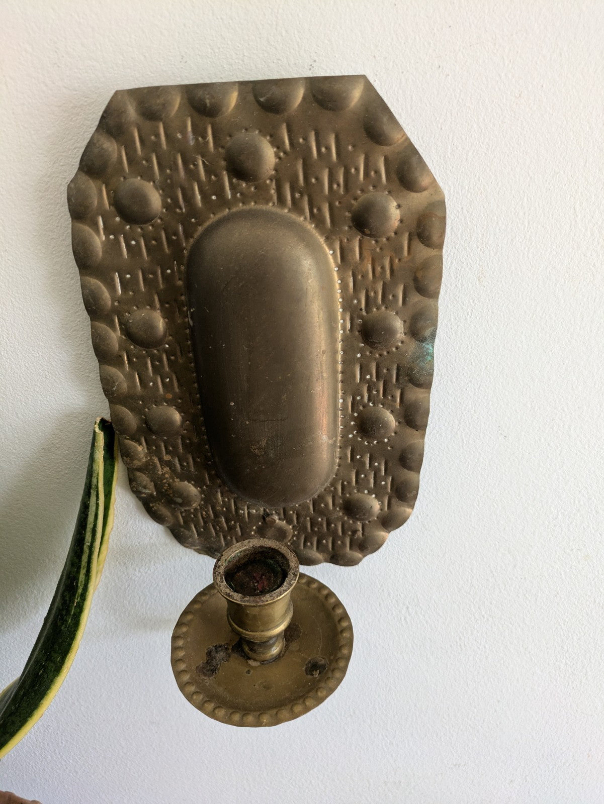 Superb Single Vintage Swedish Repoussé Brass Candle Wall Sconce Holder Hammered