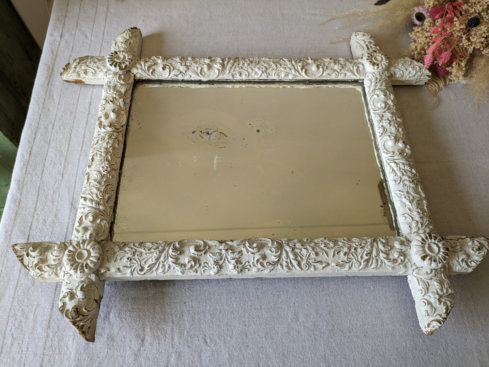 Late 19th century French Detailed distressed mirror Chippy Antique Rare Mercury
