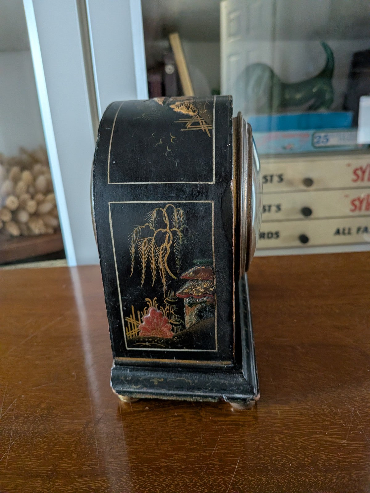 Vintage Antique Mappin And Webb Chinoiserie Chinese Black Lacquered Mantle Clock