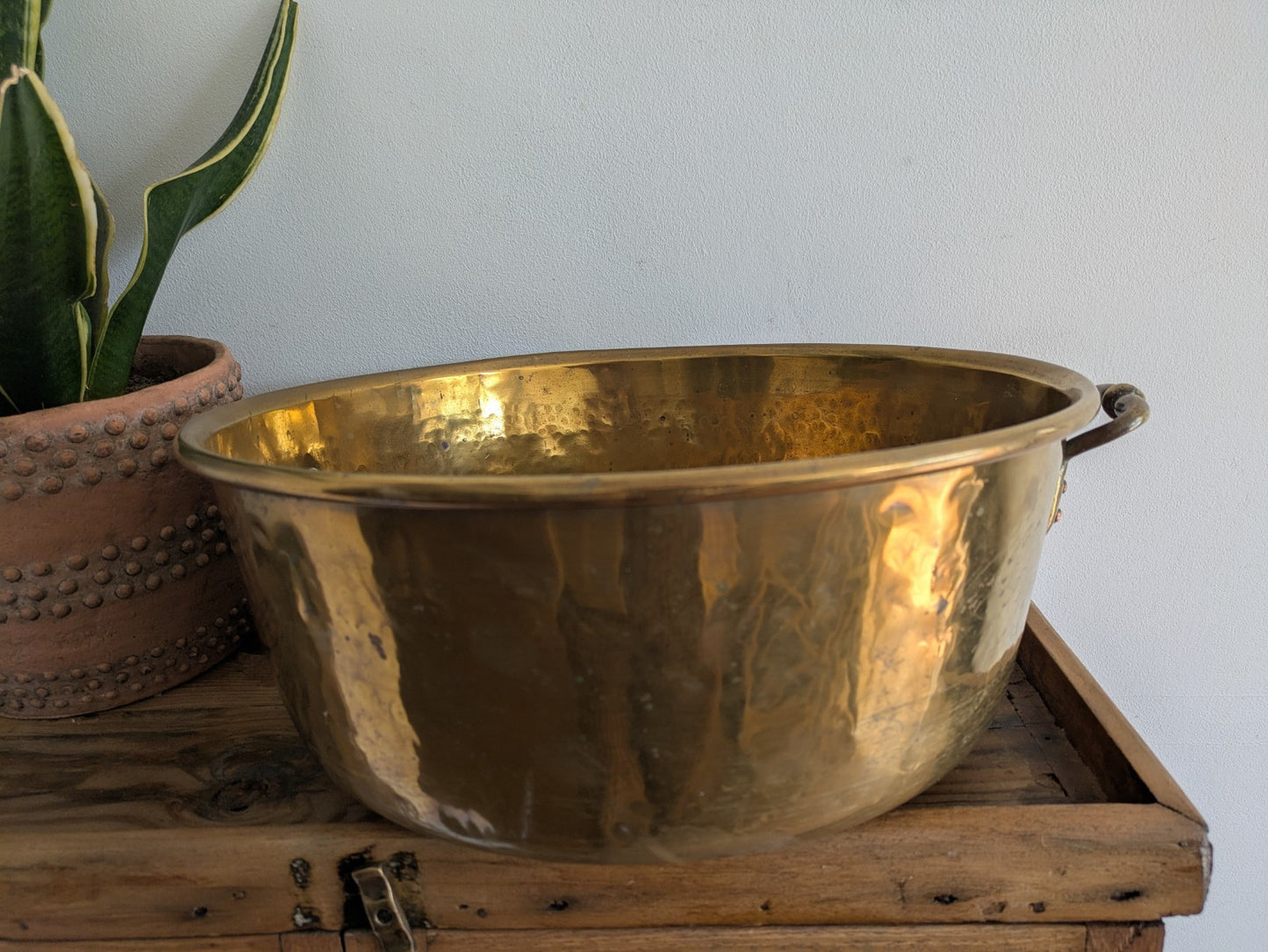 Antique 19thC Victorian Brass Pot Pan Double Handles Giant XL Size Chef Kitchen