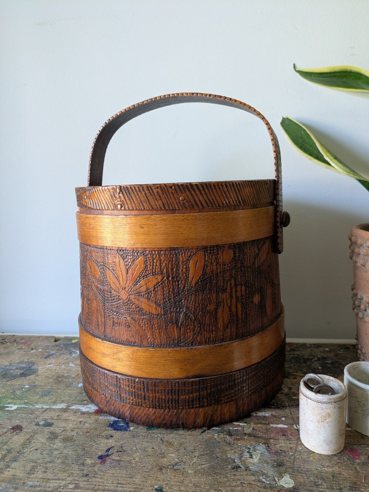 Antique Vtg Sugar Firkin Bucket w. Lid & Handle Pantry Carved Design Primitive