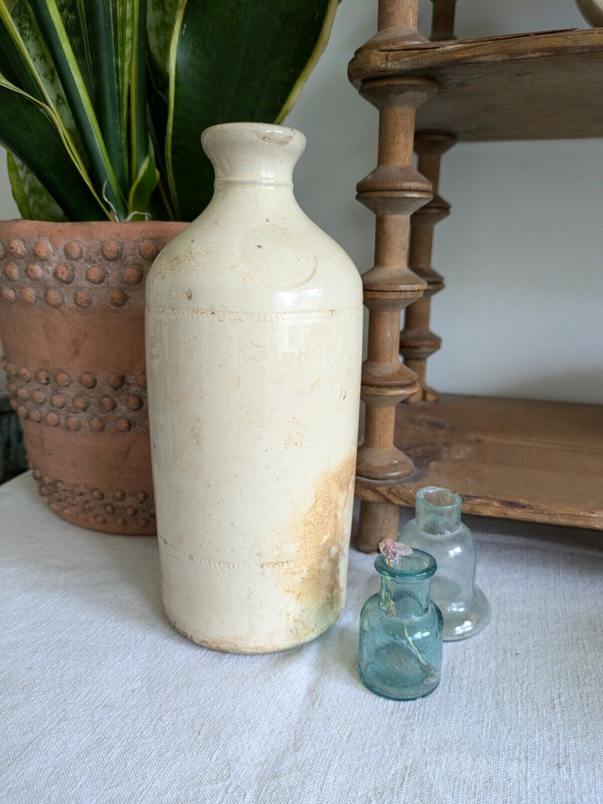 1x XL Cream glaze Stoneware Vintage Earthenware Pot vase Victorian Bottle Ink!