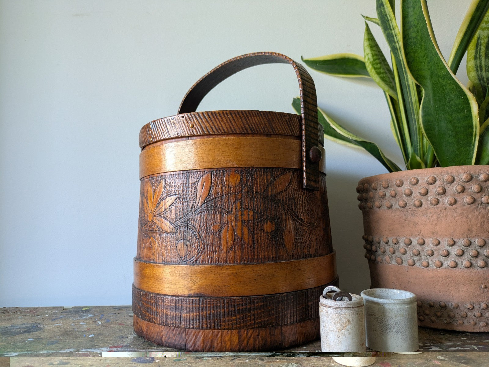 Antique Vtg Sugar Firkin Bucket w. Lid & Handle Pantry Carved Design Primitive