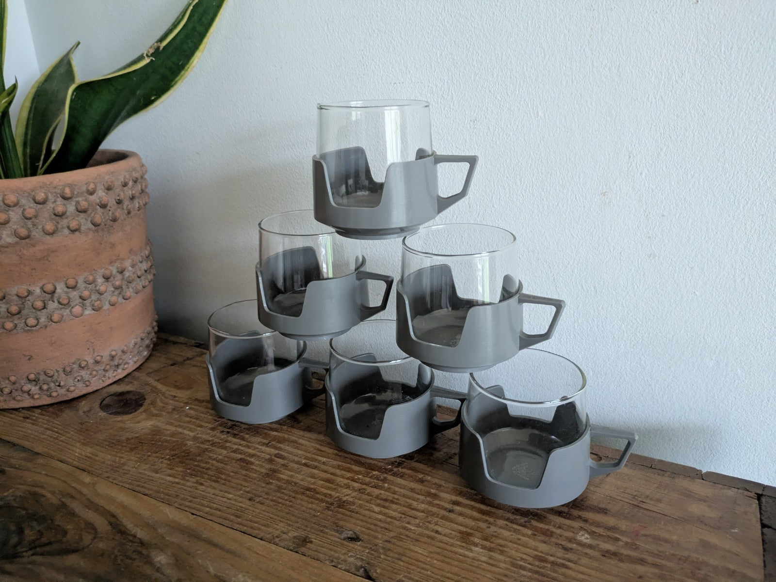 6 Grey Drink Mugs Cups Vintage JAJ Pyrex Camping Caravan Camper Picnic Set Retro