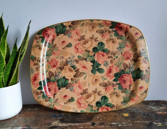 Vintage Fibreglass Cottage Floral Serving Tray lap dinner cabbage rose large vgc