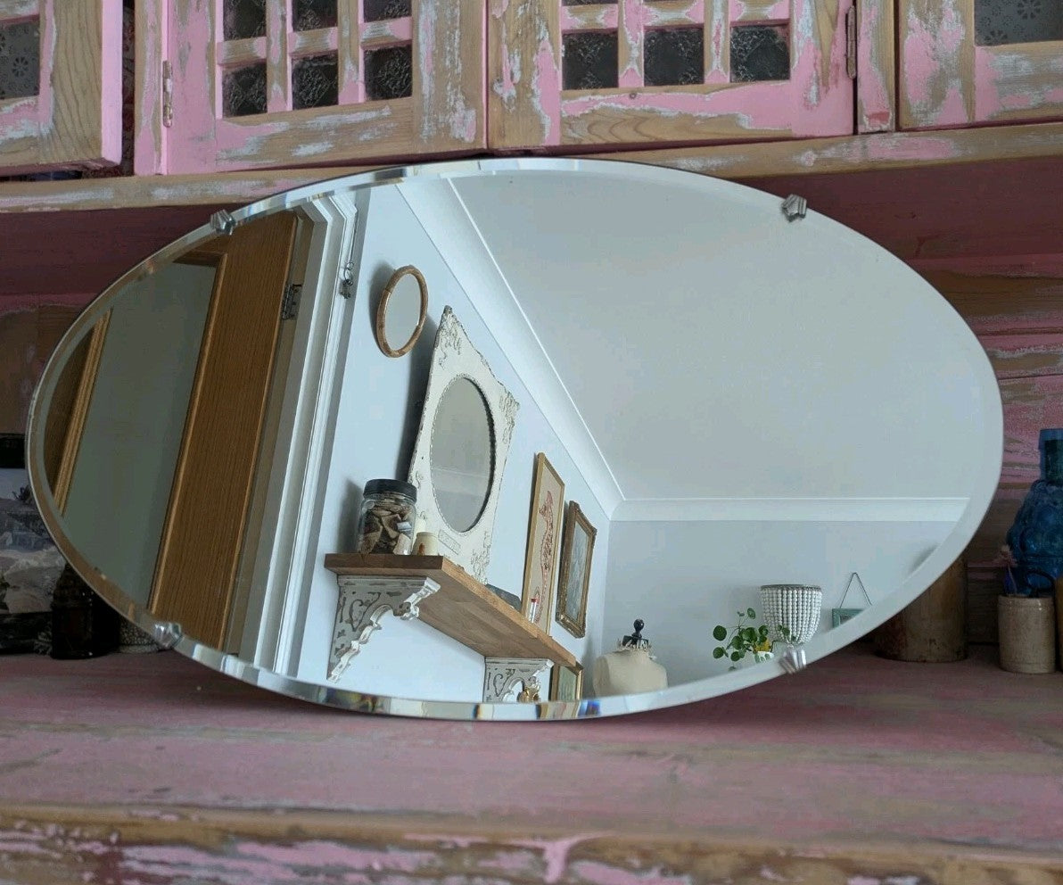Art Deco Bevel Edge Wall Mirror Frameless & Chain Bevel Edge Oval Vintage Large 