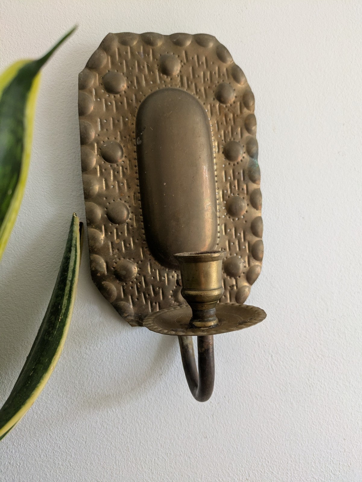 Superb Single Vintage Swedish Repoussé Brass Candle Wall Sconce Holder Hammered