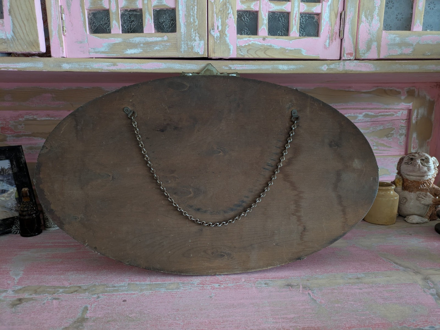 Art Deco Bevel Edge Wall Mirror Frameless & Chain Bevel Edge Oval Vintage Finial