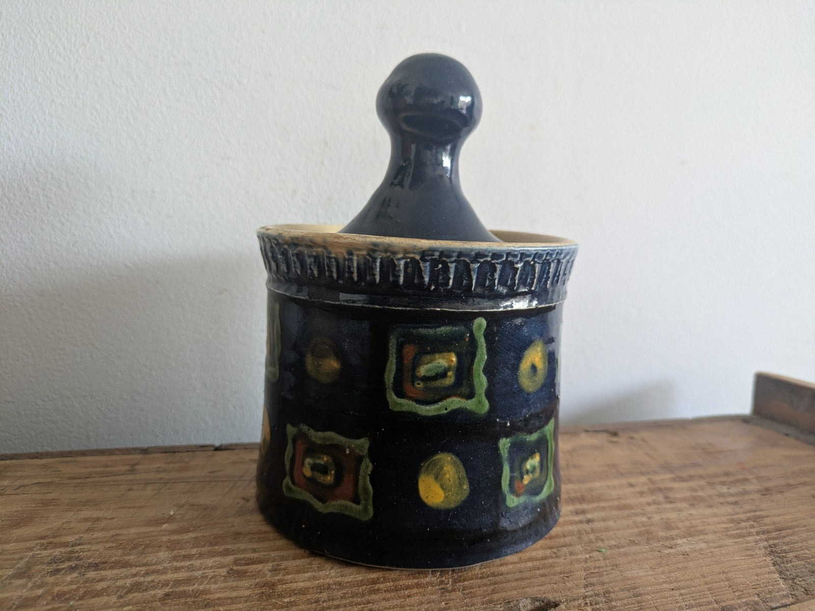 French Saint Jorioz La Poterie d'Annecy Hand Painted Butter Dish Pot Blue Lidded