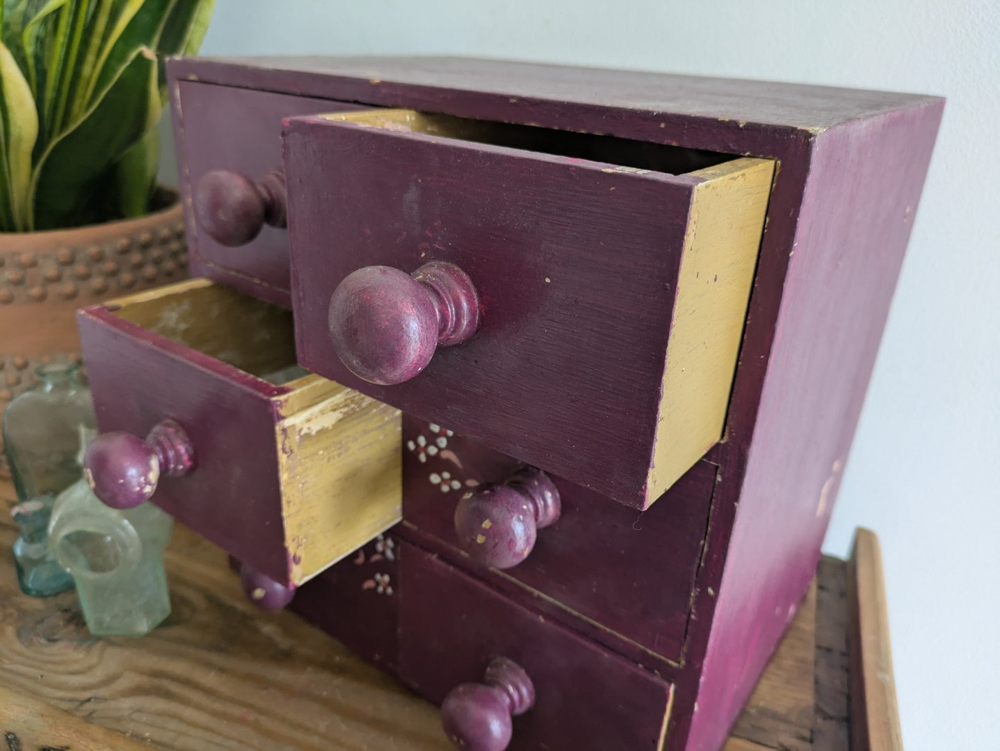 VTG Painted Drawer Office Craft Drawers Table Desk Top Index Work Sewing Purple