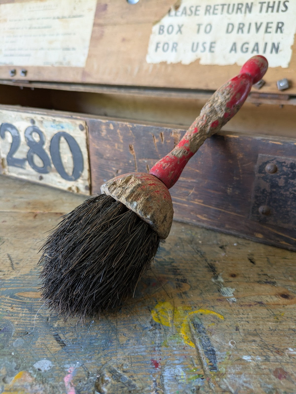 Antique Early Shaker Brush Primitive Wood Handle Red Paint Patina Chippy Vtg