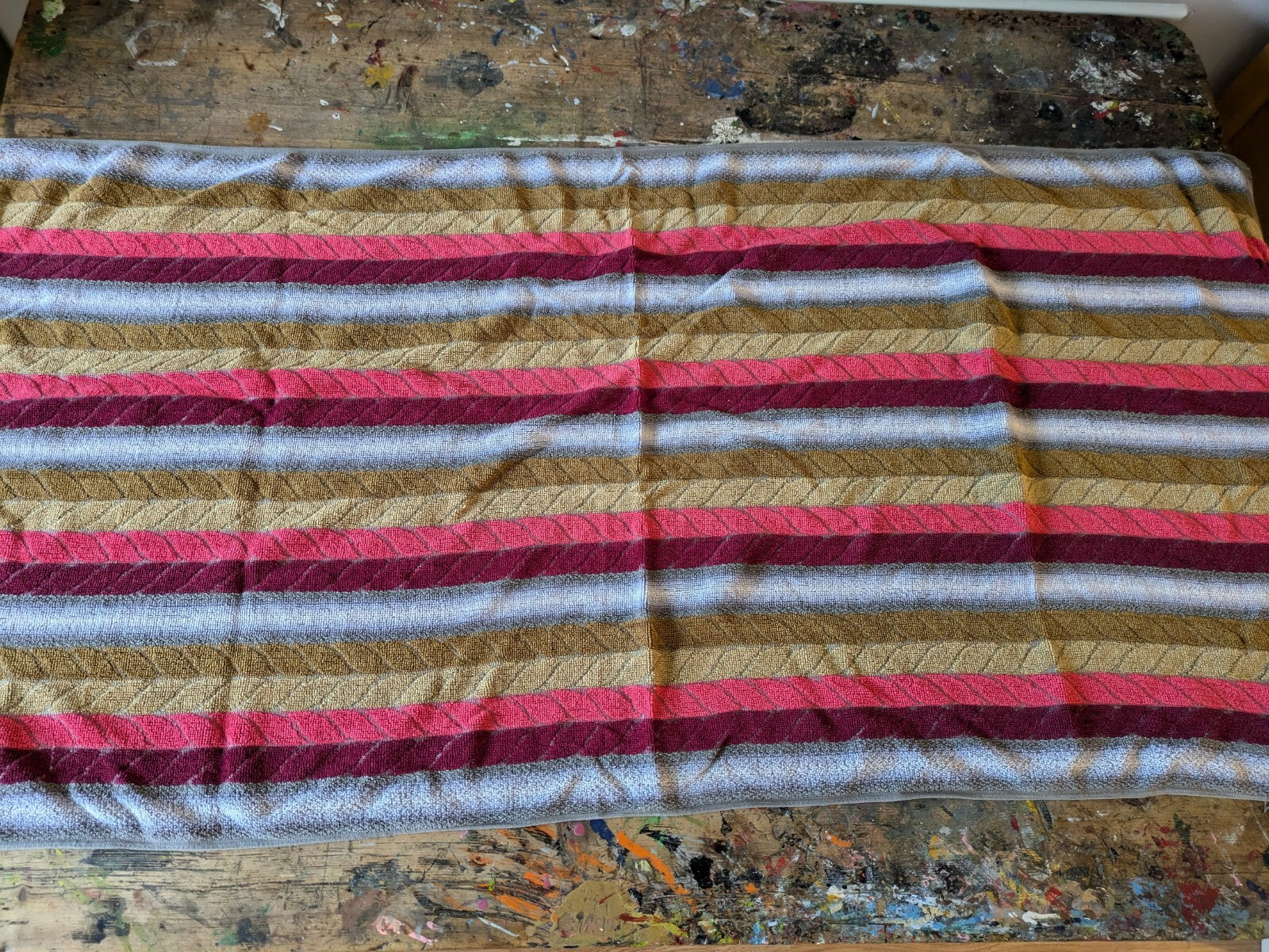 1 Vintage Towel Stripe Grey Red Retro Hand bathroom prop Midcentury Cotton Old