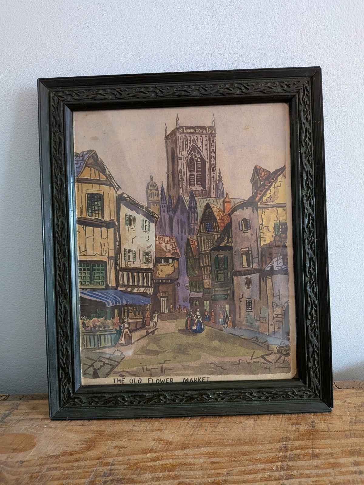 Antique Artist Signed Watercolour Old Flower Market Ornate Frame Green Original 