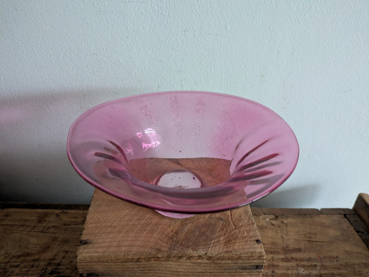 Victorian Cranberry Hand Blown Glass Bowl with Crystal Pedestal Dish Vintage Vgc