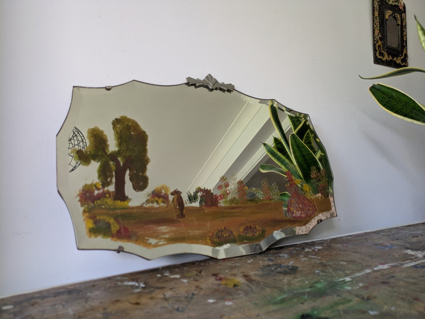 Vintage Art Deco Hand Painted Bevelled Wall Mirror Crinoline Lady Spring Garden