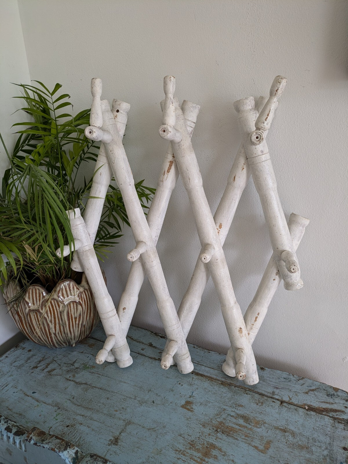 Vintage Wooden Folding Wall Hooks coat Rack Faux bamboo boho French Antique old!