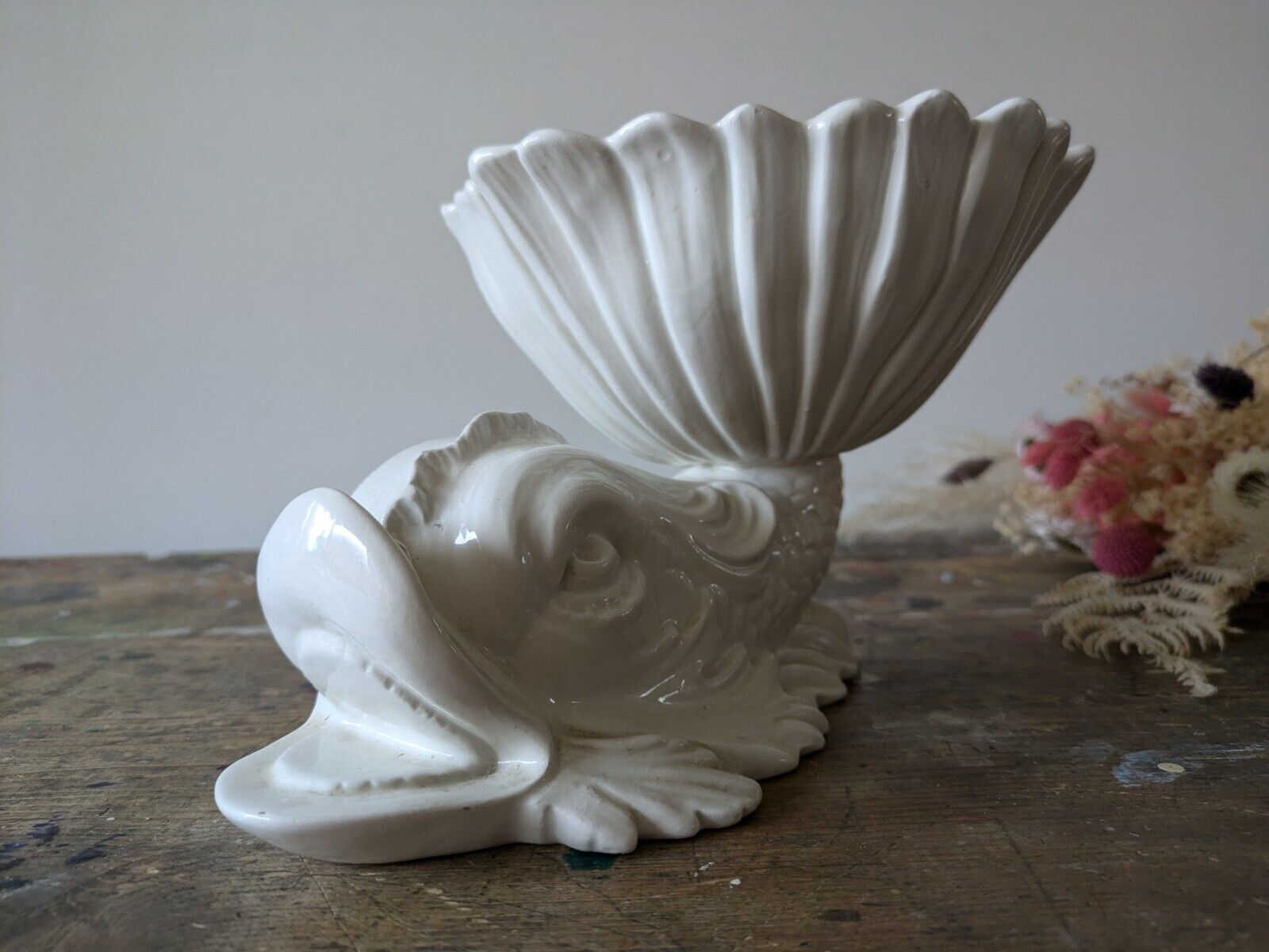 Rare Vintage Rita-Dal-Pra - Italian Ceramic Dolphin Fish White Ornamental Bowl