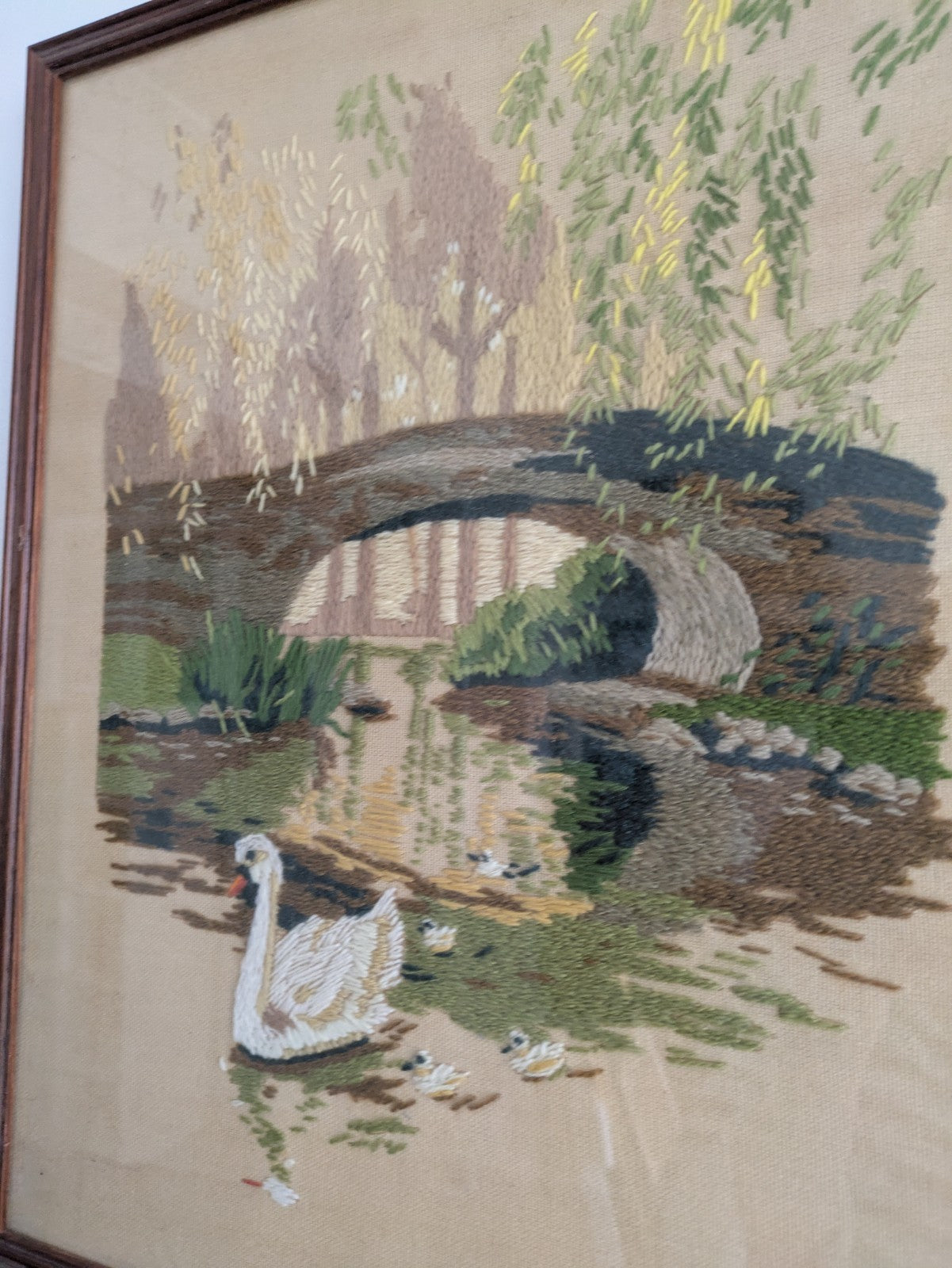 Vintage Needlework Crewel Stitchwork Crochet Swan Signets River Picture English