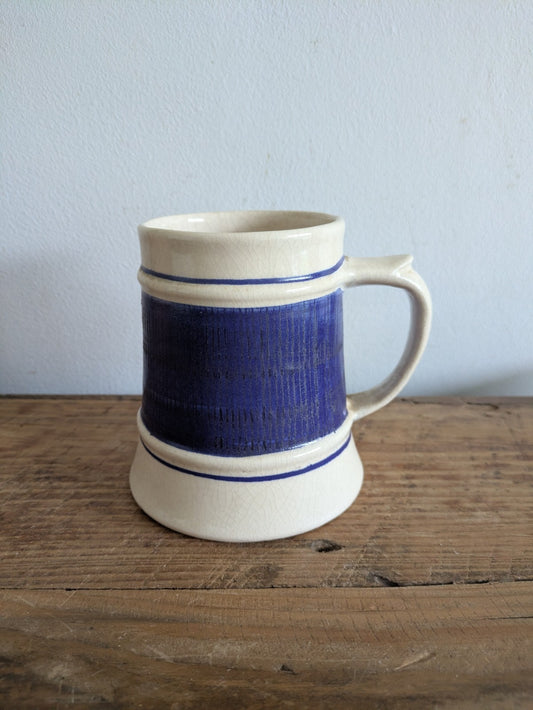 VTG Honiton Devon Pottery Blue White Crazed Mug Made in England Tankard Props Vg